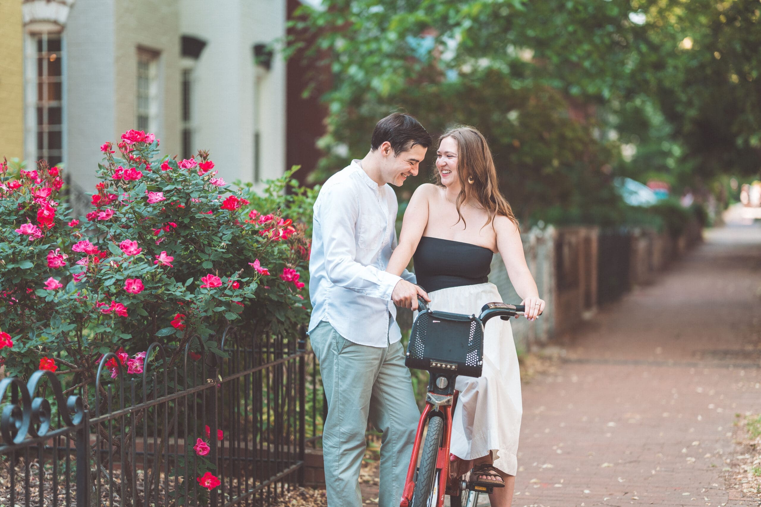 Joyful candid of an engaged couple laughing together beside a Capital Bikeshare bike and blooming roses in a DC neighborhood
