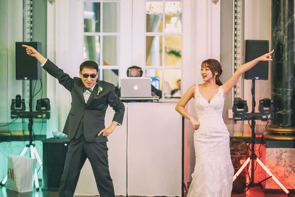 Bride and father performing a choreographed dance during the wedding reception celebration.