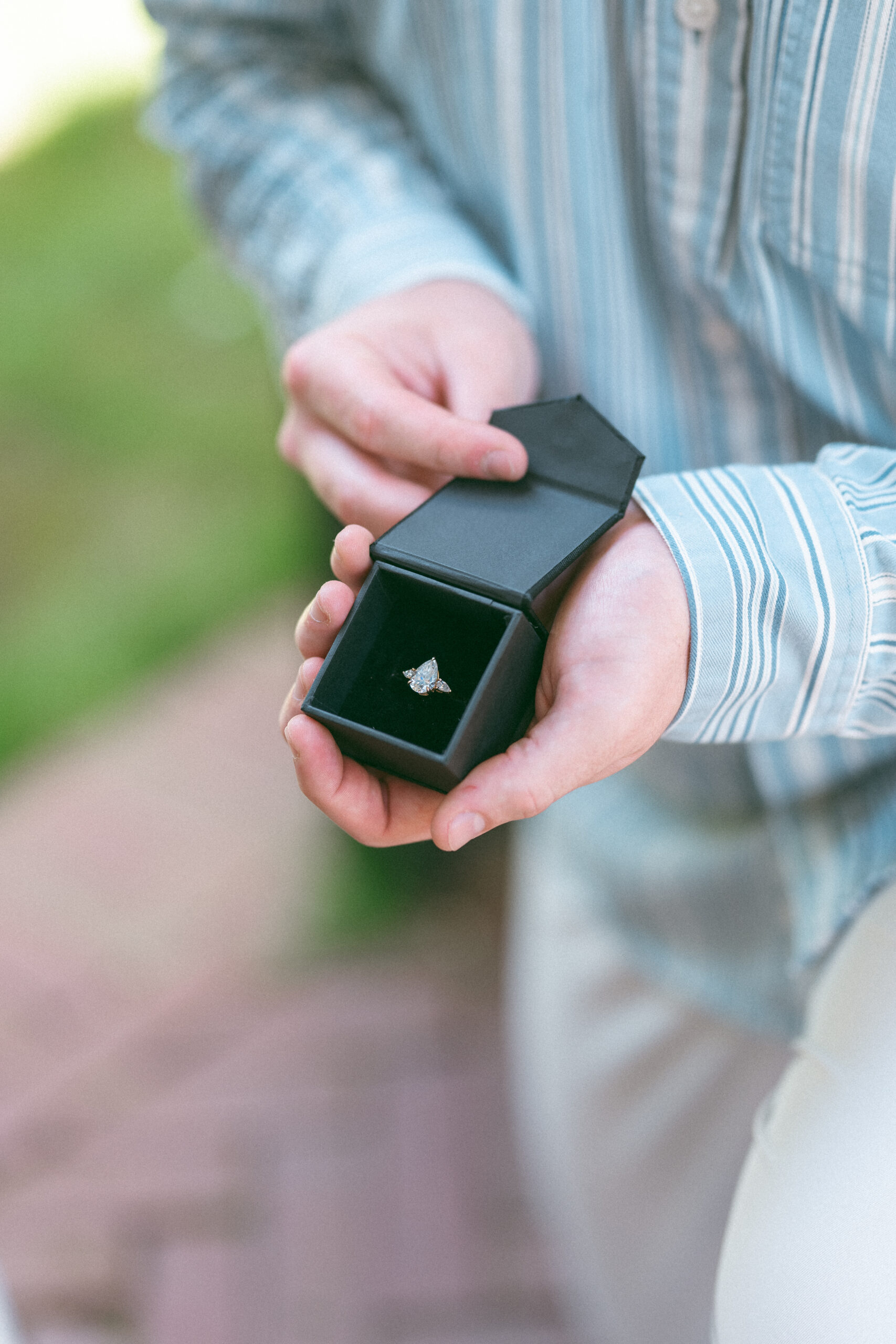 Engagement ring displayed inside a black ring box before the Northern Virginia proposal.