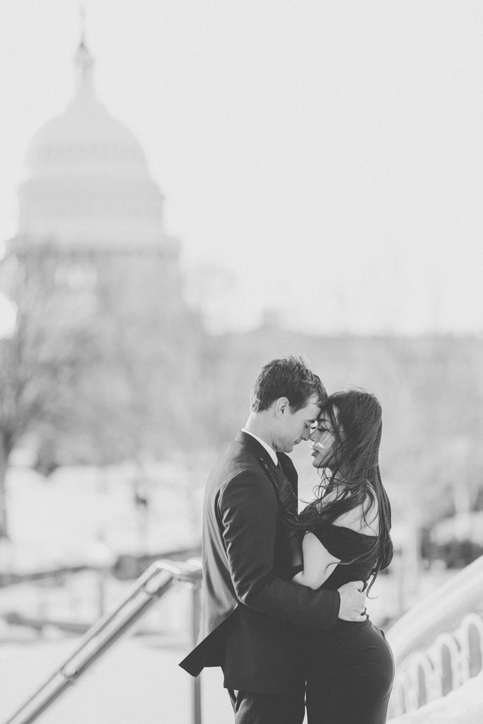 Black and white Library of Congress Engagement Photos of a couple embracing outdoors in Washington DC.