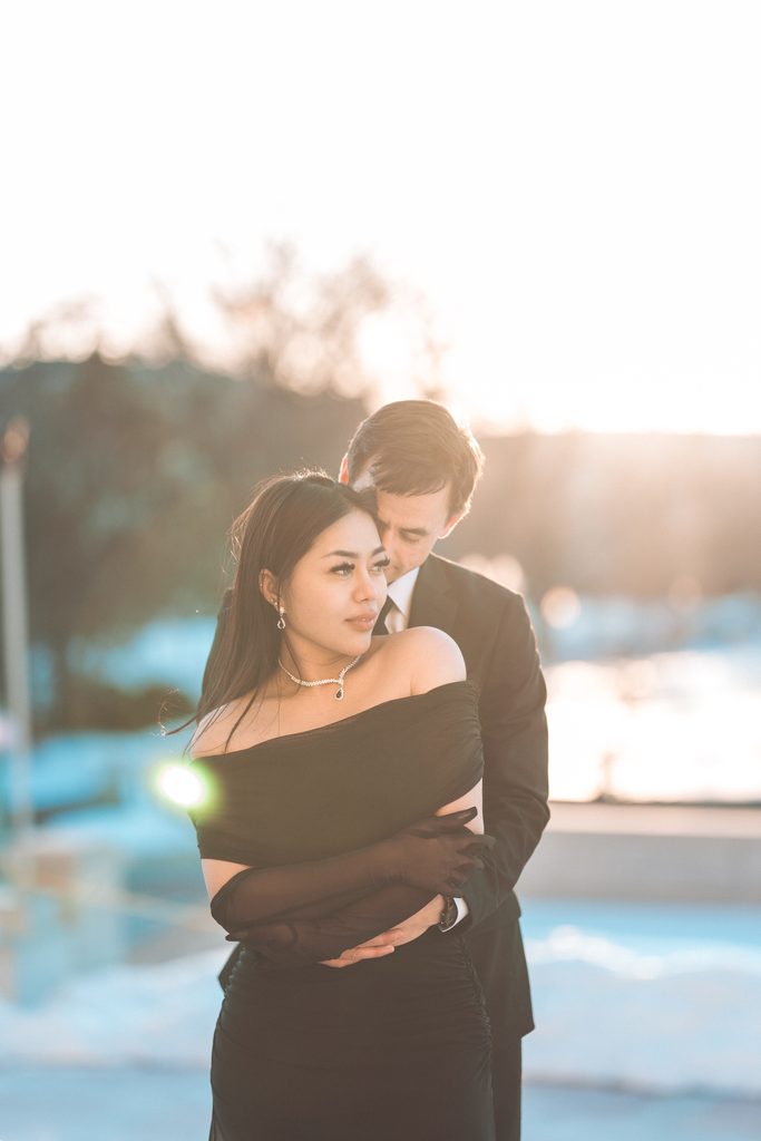 Sunset Library of Congress Engagement Photos of a couple embracing outdoors in Washington DC.